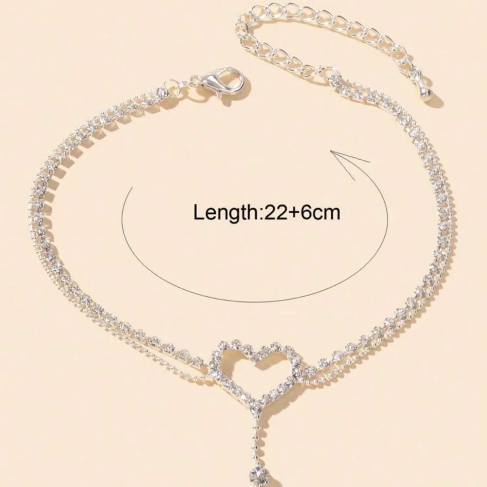 1pc Luxurious Heart Decor Double Layered Adjustable Rhinestone Anklet Women - Picture 2 of 3